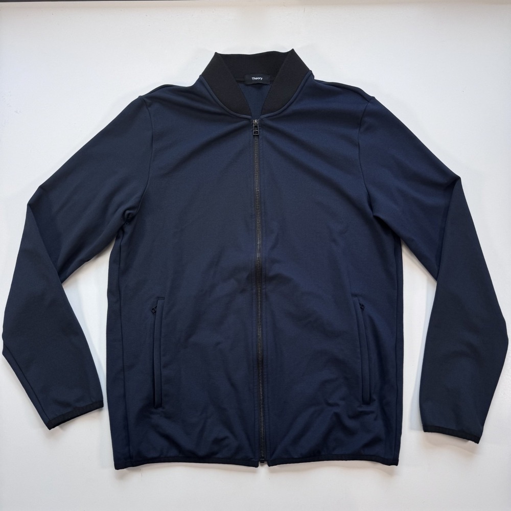 THEORY Bomber Jacket Stretch Tech Knit Mens Large Blue Lightweight Zip Pockets